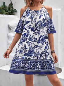 SHEIN VCAY 印花挖肩前繫帶連衣裙 - 藍白色 - 查看 4