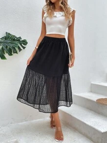 SHEIN Essnce Contrast Mesh Hem Skirt - Black - View 4