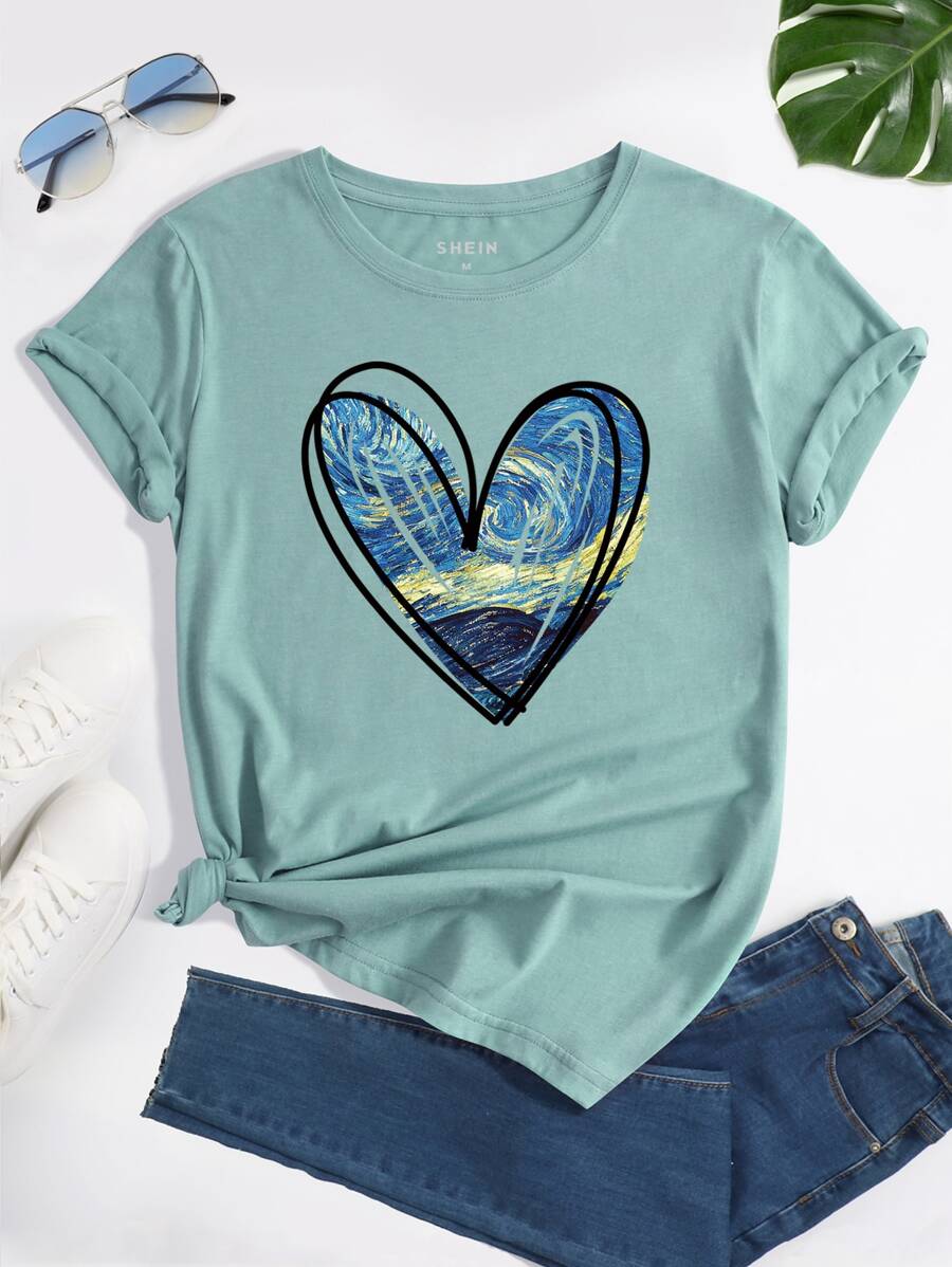 SHEIN LUNE Heart Print Tee - Cadet Blue - View 1