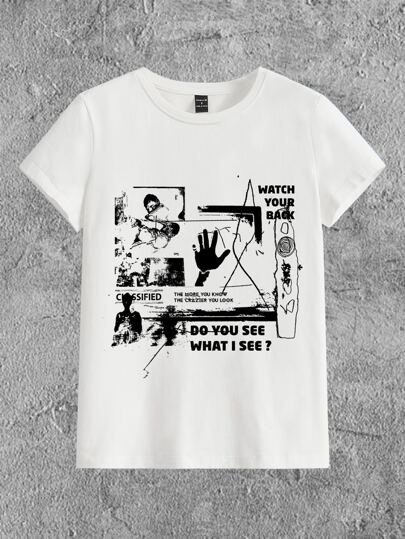 Hunows Grunge Punk T-Shirt mit Buchstaben & Figur Grafik