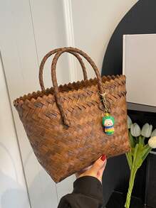 極簡編織設計草編包附包飾 - 棕色 - 查看 1