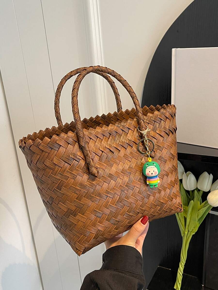 極簡編織設計草編包附包飾 - 棕色 - 查看 1