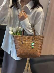 極簡編織設計草編包附包飾 - 棕色 - 查看 2