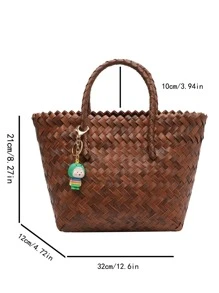 極簡編織設計草編包附包飾 - 棕色 - 查看 3