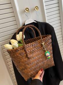 極簡編織設計草編包附包飾 - 棕色 - 查看 4