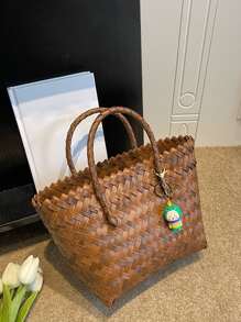 極簡編織設計草編包附包飾 - 棕色 - 查看 5