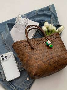 極簡編織設計草編包附包飾 - 棕色 - 查看 6