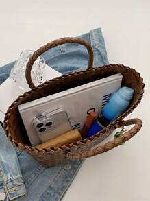 極簡編織設計草編包附包飾 - 棕色 - 查看 7