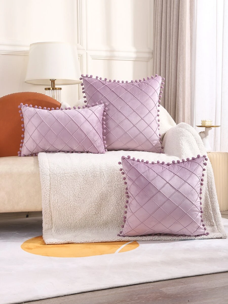 1pc Plaid Flannel Pillow Case With Furry Ball Decor - Pink - View 1