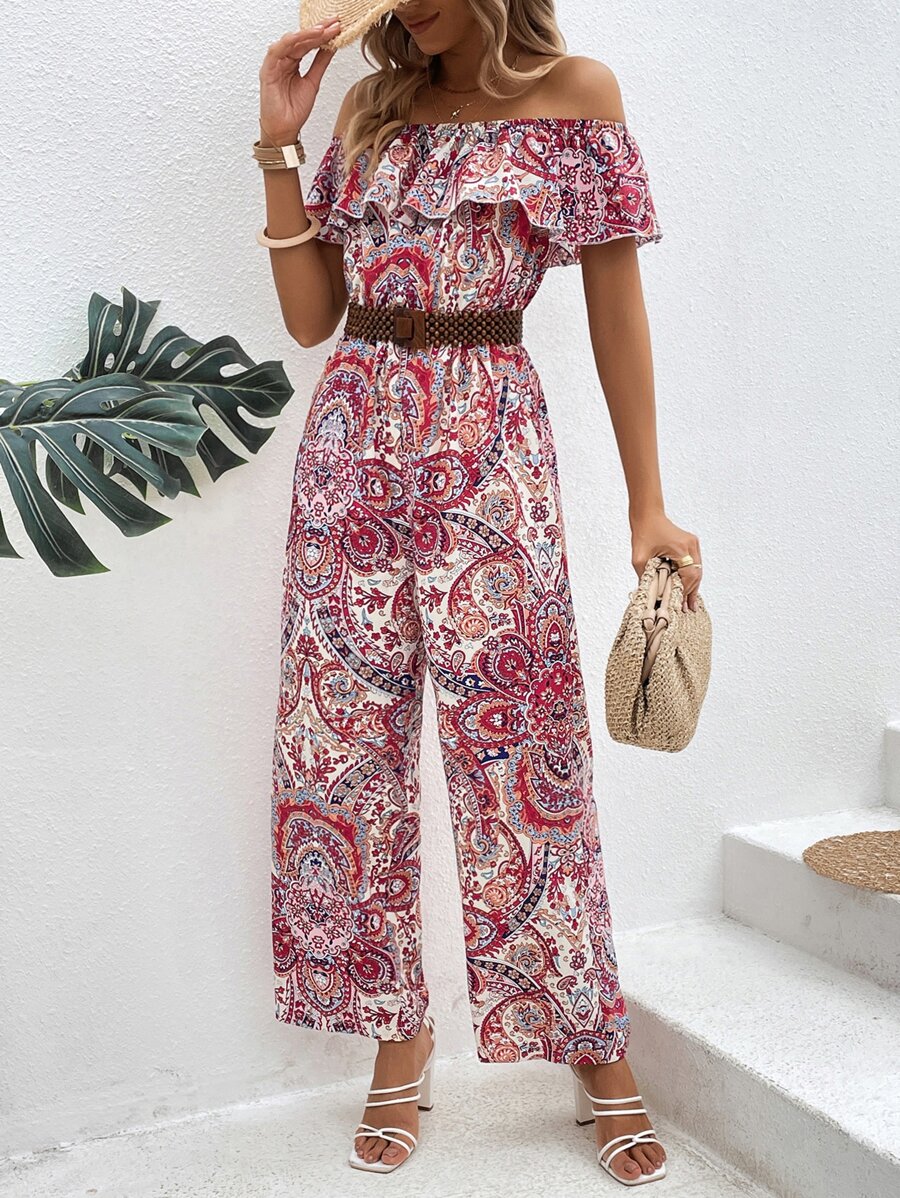 SHEIN VCAY Paisley Print Off Shoulder Ruffle Trim Wide Leg Jumpsuit Without Belt - Red - View 1