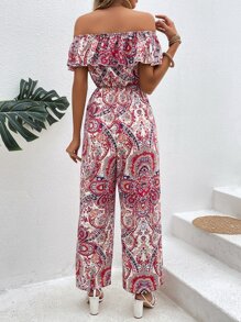 SHEIN VCAY Paisley Print Off Shoulder Ruffle Trim Wide Leg Jumpsuit Without Belt - Red - View 2