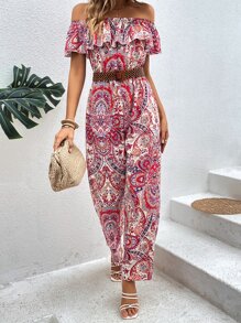 SHEIN VCAY Paisley Print Off Shoulder Ruffle Trim Wide Leg Jumpsuit Without Belt - Red - View 3