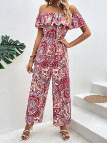 SHEIN VCAY Paisley Print Off Shoulder Ruffle Trim Wide Leg Jumpsuit Without Belt - Red - View 4