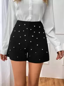 Firerie 珍珠串珠高腰短褲 - 黑色 - 查看 1