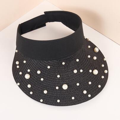 Faux Pearl Decor Straw Visor Hat