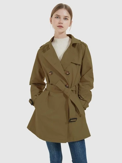 Slant Pocket Double Breasted Belted Trench Coat