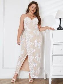 D&M Plus Floral Embroidery Split Thigh Cami Dress - Apricot - View 1