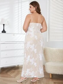 D&M Plus Floral Embroidery Split Thigh Cami Dress - Apricot - View 2