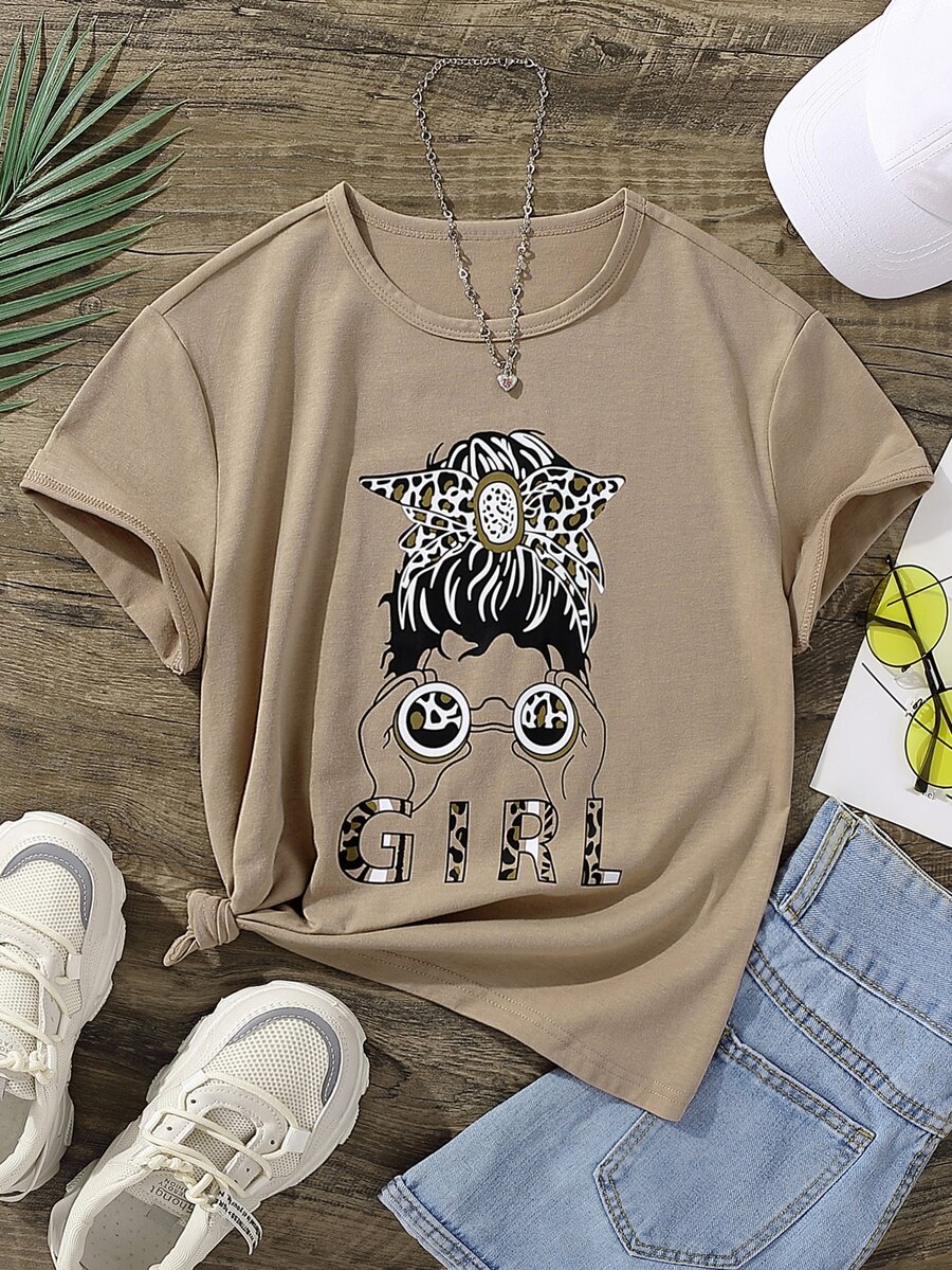 Girls Figure & Letter Graphic Tee - Khaki - View 1