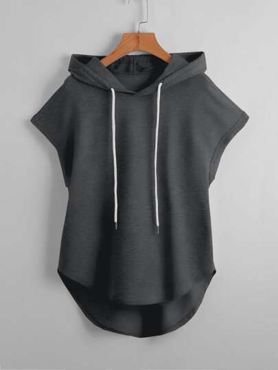 SHEIN EZwear High Low Hem Drawstring Hooded Tee