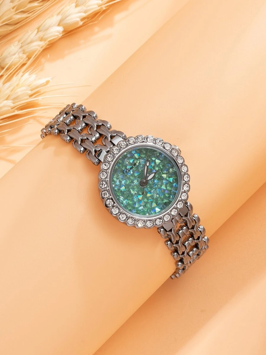 Đồng hồ thạch anh con trỏ tròn trang trí bằng đá rhinestone - Bạc - Xem 1