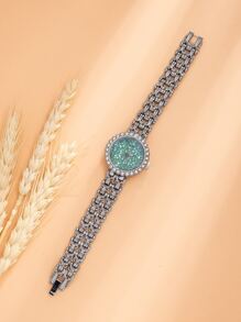 Đồng hồ thạch anh con trỏ tròn trang trí bằng đá rhinestone - Bạc - Xem 2