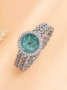 Đồng hồ thạch anh con trỏ tròn trang trí bằng đá rhinestone - Bạc - Xem 3