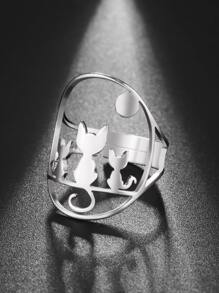 1pc Cat Decor Cuff Ring, Stainless Steel Jewelry - Silver - View 13