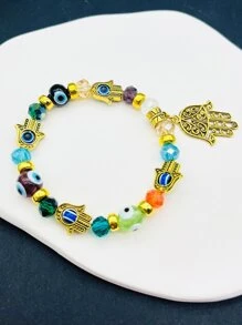 Men Hamsa Hand Charm Evil Eye Decor Beaded Bracelet - Multicolor - View 1