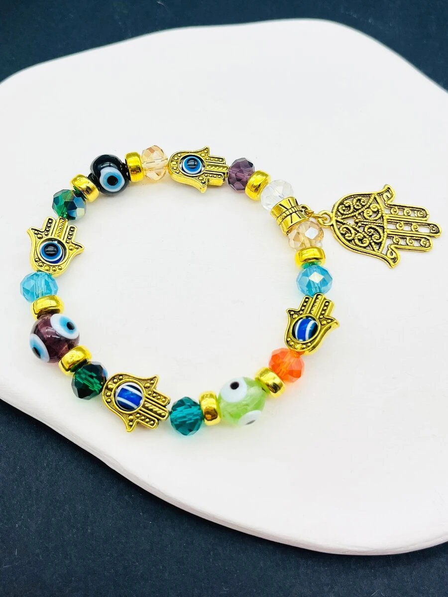 Men Hamsa Hand Charm Evil Eye Decor Beaded Bracelet - Multicolor - View 1