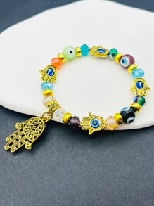 Men Hamsa Hand Charm Evil Eye Decor Beaded Bracelet - Multicolor - View 2