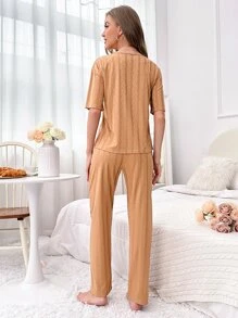 Letter Graphic Tee & Trousers Lounge Set - Brown - View 2