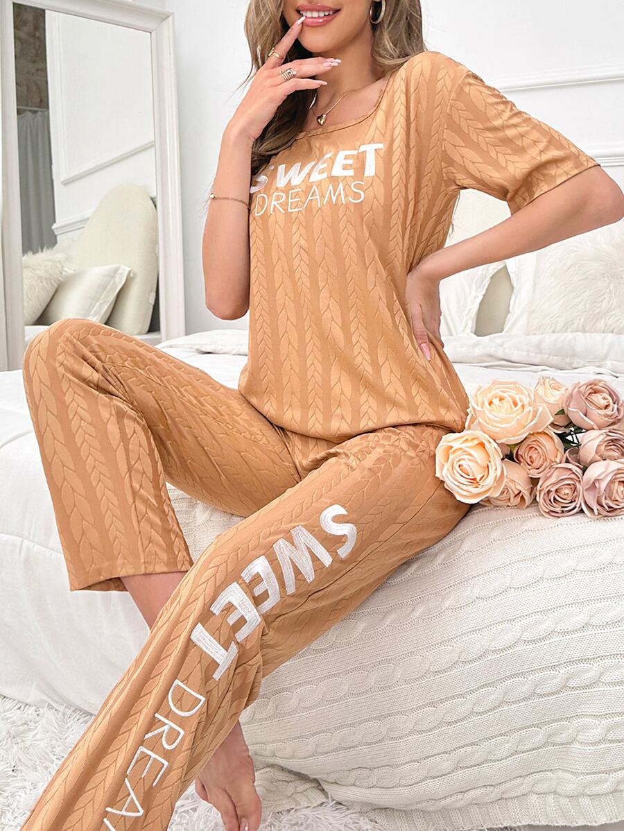 Letter Graphic Tee & Trousers Lounge Set - Brown - View 1
