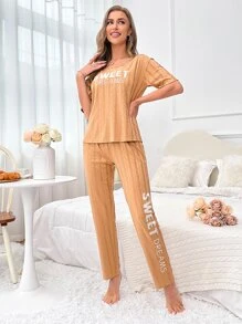 Letter Graphic Tee & Trousers Lounge Set - Brown - View 5