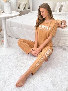 Letter Graphic Tee & Trousers Lounge Set - Brown - View 6
