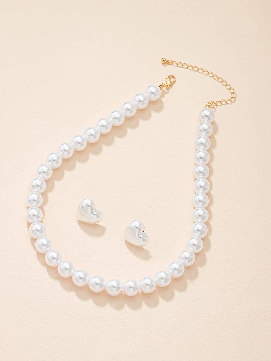 Vòng cổ và bông tai đính cườm ngọc trai giả - trắng - Xem 1