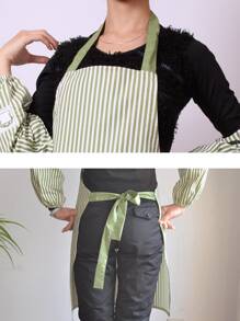 1pc Striped Pattern Kitchen Cooking Apron, Cartoon Polyester Oil-proof And Waterproof Apron For Garden, Kitchen And Housework - Red - View 3