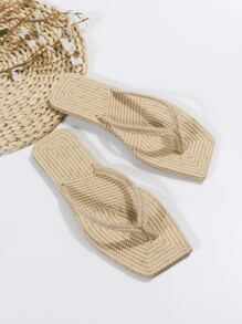 女士編織細節丁字褲亚麻度假平底涼鞋 - 米色 - 查看 2