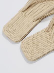 女士編織細節丁字褲亚麻度假平底涼鞋 - 米色 - 查看 4