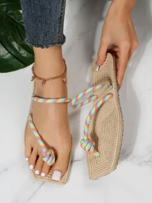 女士結飾丁字褲滌綸度假平底涼鞋