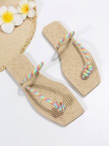 女士結飾丁字褲滌綸度假平底涼鞋