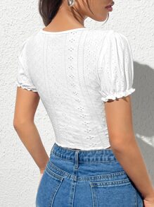 SHEIN Qutie Cottagecore Eyelet Embroidery Ruched Bust Lettuce Trim Crop Tee - White - View 2