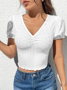 SHEIN Qutie Cottagecore Eyelet Embroidery Ruched Bust Lettuce Trim Crop Tee - White - View 3