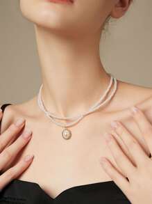 Đồ trang trí Ngọc Trai giả Mặt dây chuyền hình bầu dục Vòng cổ nhiều lớp - Nhiều màu - Xem 1