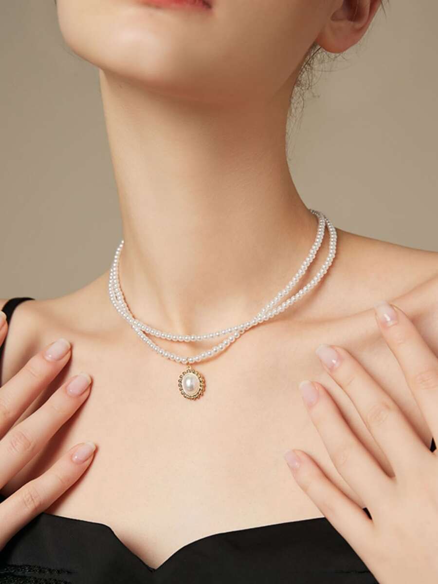 Đồ trang trí Ngọc Trai giả Mặt dây chuyền hình bầu dục Vòng cổ nhiều lớp - Nhiều màu - Xem 1