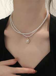 Đồ trang trí Ngọc Trai giả Mặt dây chuyền hình bầu dục Vòng cổ nhiều lớp - Nhiều màu - Xem 3