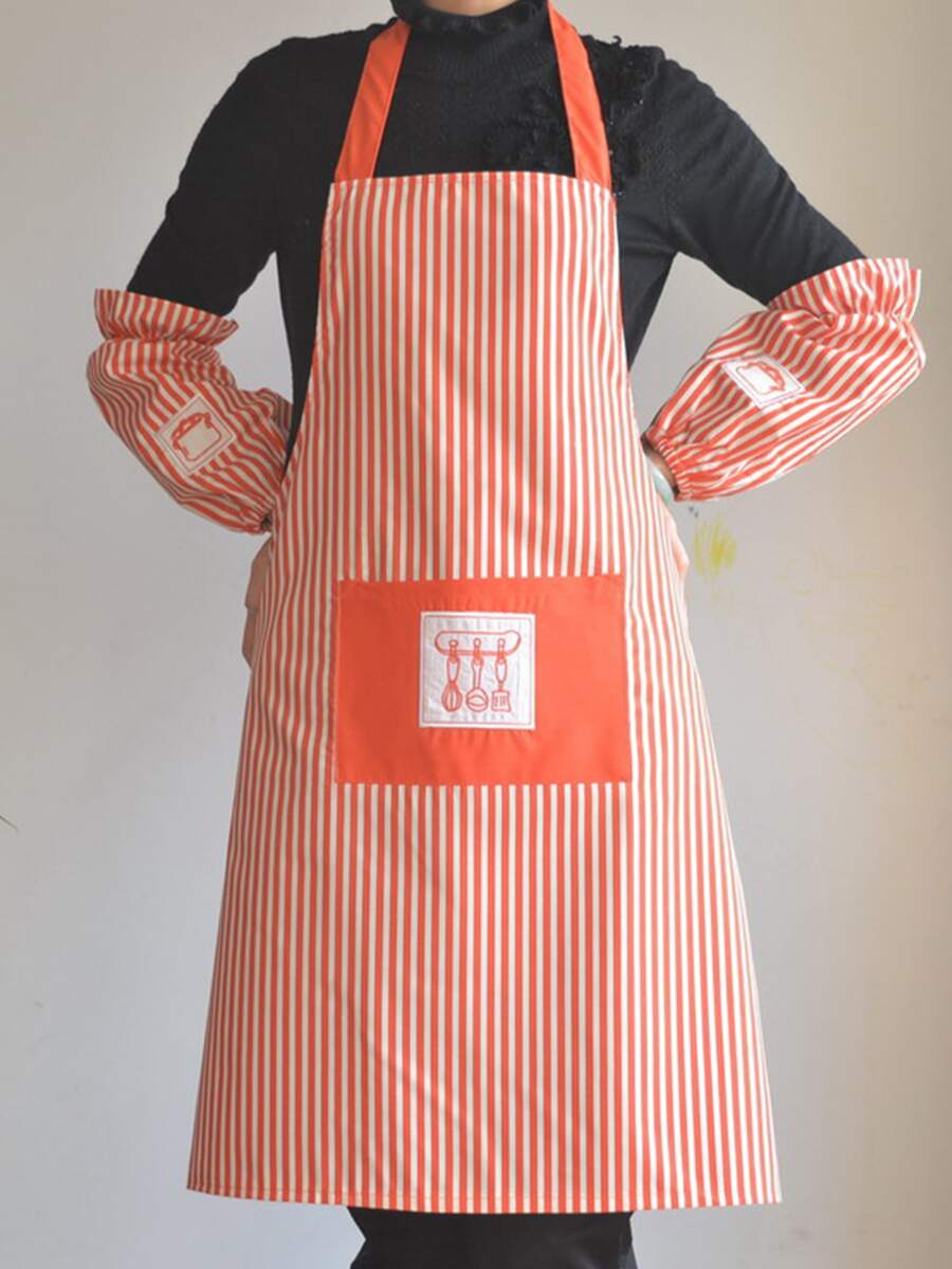 1pc Striped Pattern Kitchen Cooking Apron, Cartoon Polyester Oil-proof And Waterproof Apron For Garden, Kitchen And Housework - Red - View 1