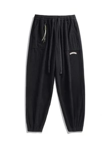Men Letter Graphic Drawstring Waist Trousers - Black - View 7