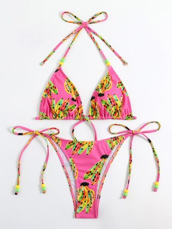 Conjunto de bikini de verano con estampado floral, sujetador tipo halter con triángulo y laterales con lazos