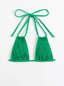 Smocked Tie Back Halter Bikini Top - Green - View 3